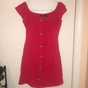 Red button down/off the shoulder dress
